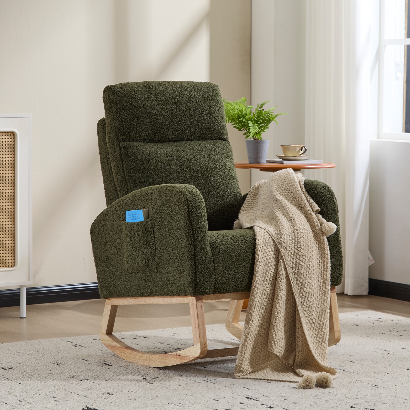 Modern Accent Rocking Chair Rocking Chair With Solid Wood Legs, Upholstered Nursery Glider Rocker, Comfy Armchair With Side Pocket, Living Room Lounge Arm Chair With High Backrest (Dark Green,teddy)_voghion.com